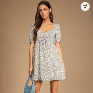 Ivory Floral Puff Sleeve Mini Dress